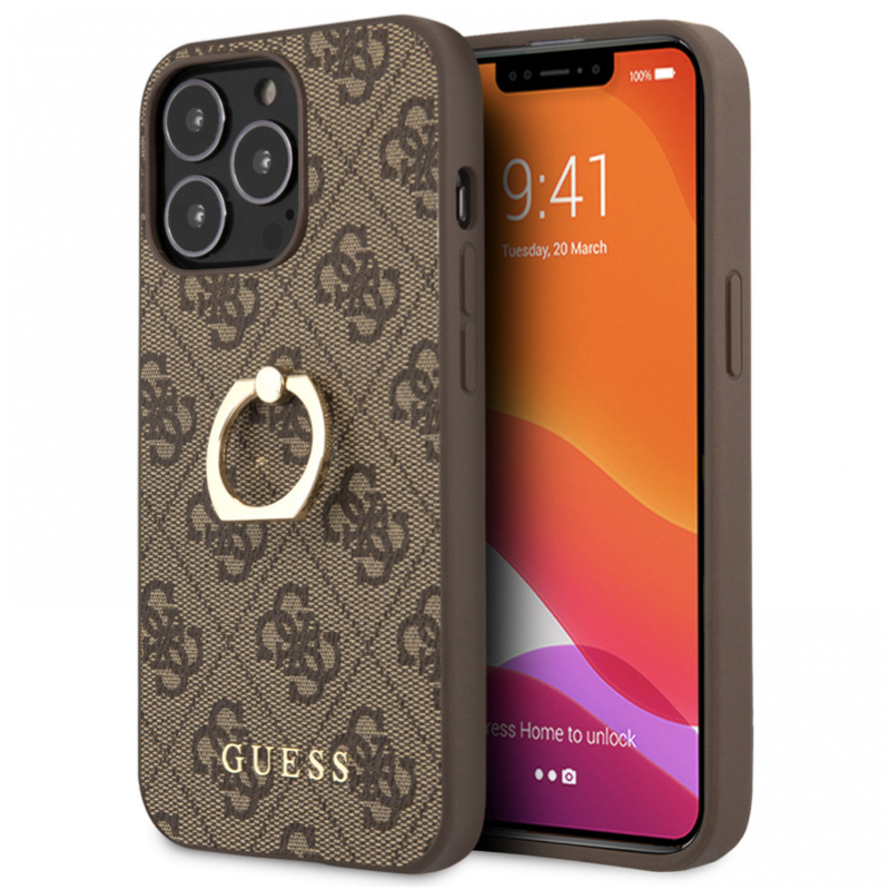 Чехол iPhone 13 Pro Накладка Кожзам Guess 4G + Ring Hard