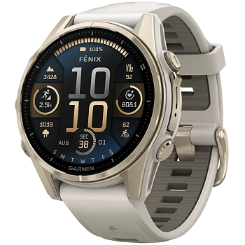 Часы Garmin Fenix 8 43mm Amoled Sapphire, Золотистый корпус, Дымчато-серый силиконовый ремешок 