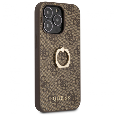 Чехол iPhone 14 Pro Накладка Кожзам Guess 4G + Ring Hard (iPhone 14 Pro Накладка Guess Коричневый)