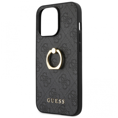 Чехол iPhone 13 Pro Накладка Кожзам Guess 4G + Ring Hard (iPhone 13 Pro Накладка Кожзам Темно-Серый)