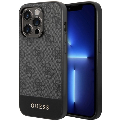 Чехол iPhone 15 Pro Max Накладка Кожзам Guess 4G Bottom stripe Metal logo Hard (iPhone 15 Pro Max Накладка Guess Серый)