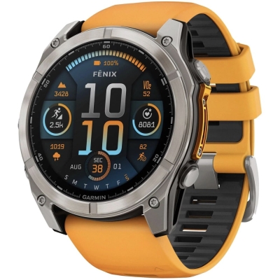 Garmin Fenix 8 51mm Amoled Sapphire, Титановый корпус, Оранжевый силиконовый ремешок