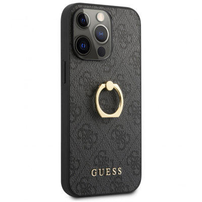 Чехол iPhone 13 Pro Накладка Кожзам Guess 4G + Ring Hard (iPhone 13 Pro Накладка Кожзам Темно-Серый)