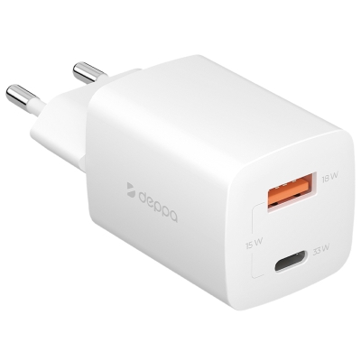 Сетевое ЗУ Deppa 11432, GaN 33 ватта, 2 выхода: USB-A, USB-C