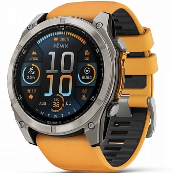 Часы Garmin Fenix 8 47mm Amoled Sapphire, Титановый корпус, Оранжевый силиконовый ремешок