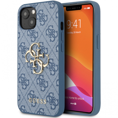 Чехол iPhone 13 Накладка Кожзам Guess Big metal Logo Hard (Phone 13 Накладка Кожзам Guess Голубой)