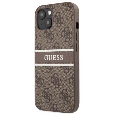 Чехол iPhone 13 Накладка Кожзам Guess Stripe Printed Logo Hard (iPhone 13 Накладка Кожзам Guess Коричневый)