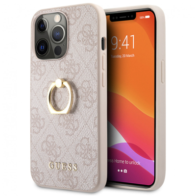 Чехол iPhone 14 Pro Накладка Кожзам Guess 4G + Ring Hard (iPhone 14 Pro Накладка Guess Розовый)