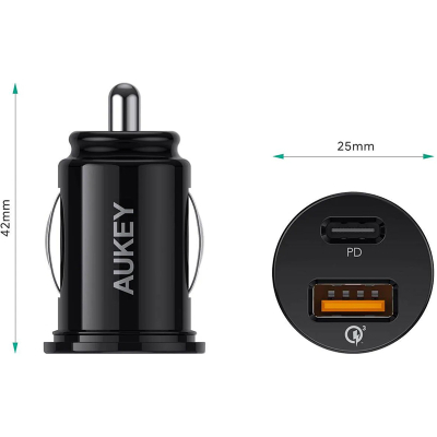 Автомобильное ЗУ Aukey USB+USB-C 21 ватт (Автомобильное ЗУ Aukey CC-Y11 Черный)